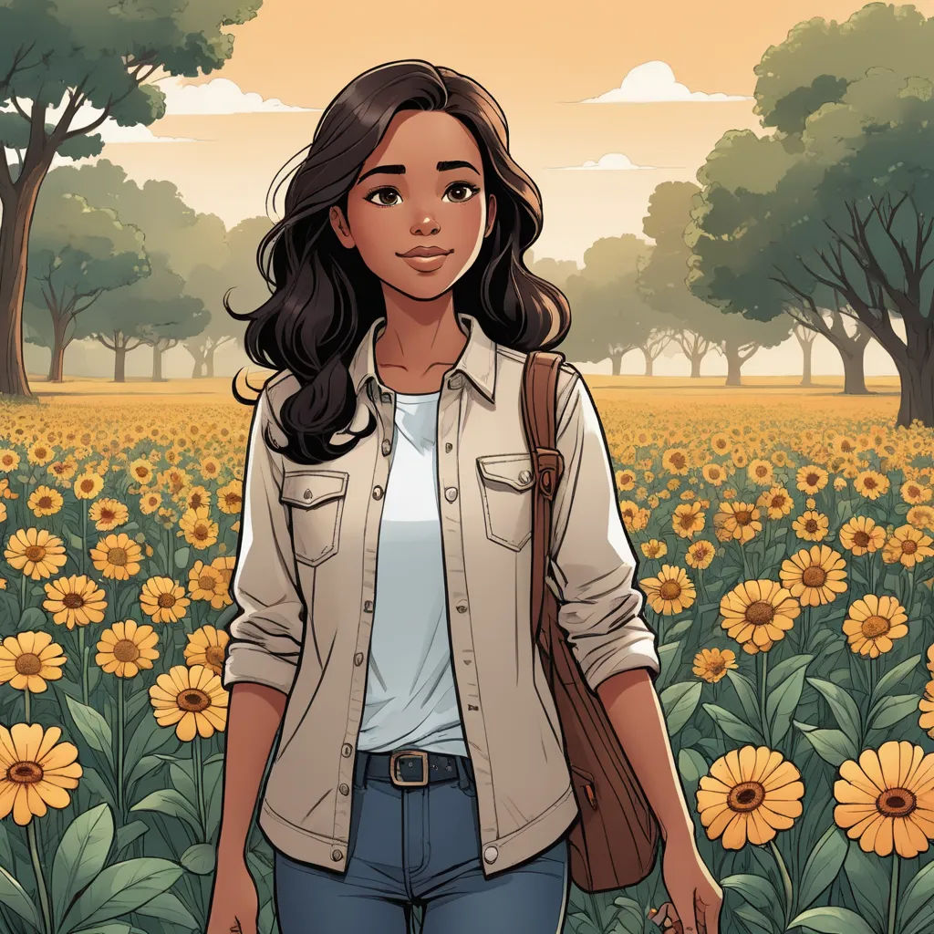 a woman standing in a field of sunflowers with a backpack on her shoulder and a backpack on her shoulder, environmental art, a character portrait, Constance Gordon-Cumming, promotional image