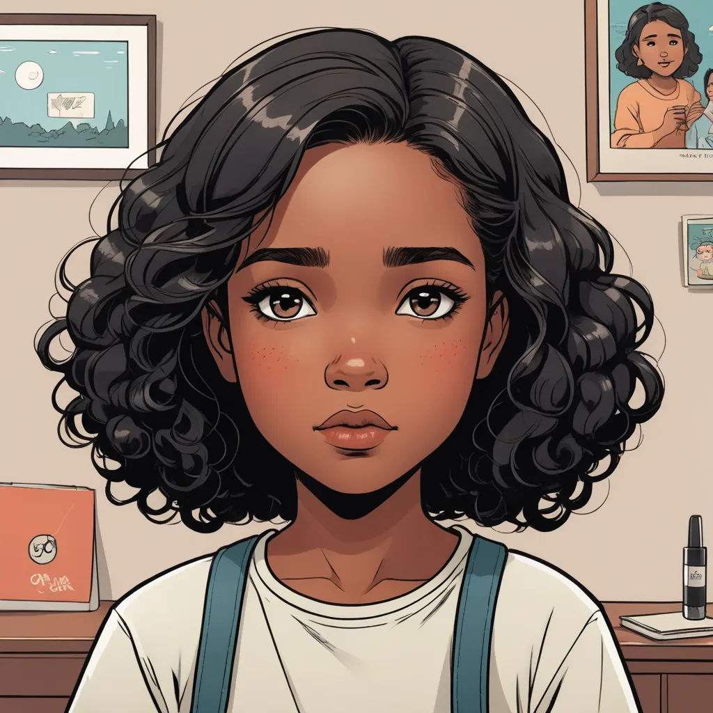 a cartoon of a girl with curly hair and a white shirt on, standing in front of a desk, harlem renaissance, a character portrait, Constance Gordon-Cumming, character portrait