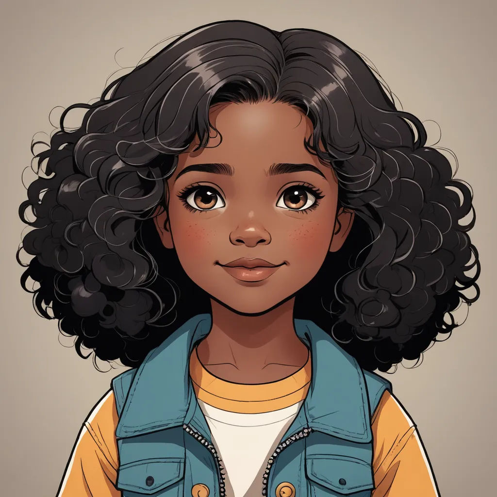 a cartoon girl with curly hair and a denim jacket on her shoulders, looking at the camera with a serious look on her face, photorealism, a character portrait, Constance Gordon-Cumming, cgstudio
