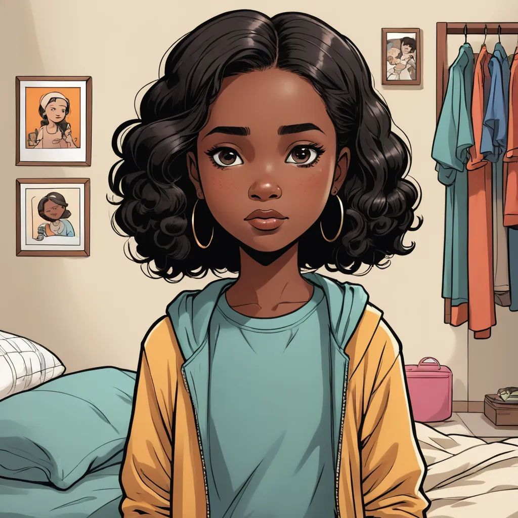 a cartoon of a girl with curly hair and a blue shirt on a bed in a bedroom with a picture of herself on the wall, sots art, a character portrait, Constance Gordon-Cumming, brown skin