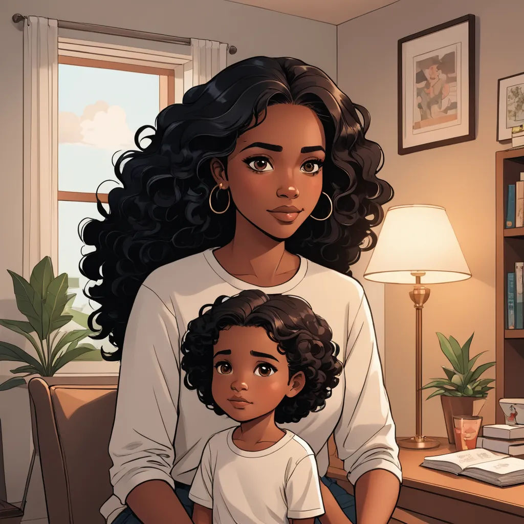 a woman and a child sitting in a room with a window in the background and a lamp on the table, serial art, a comic book panel, Everett Warner, comic cover art