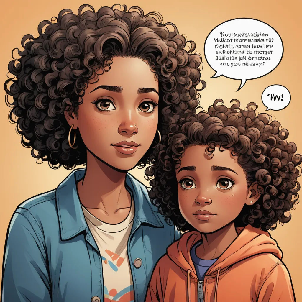 a woman and a child with a thought bubble above them that says, you must be a mother and child, context art, a comic book panel, Everett Warner, comic cover art