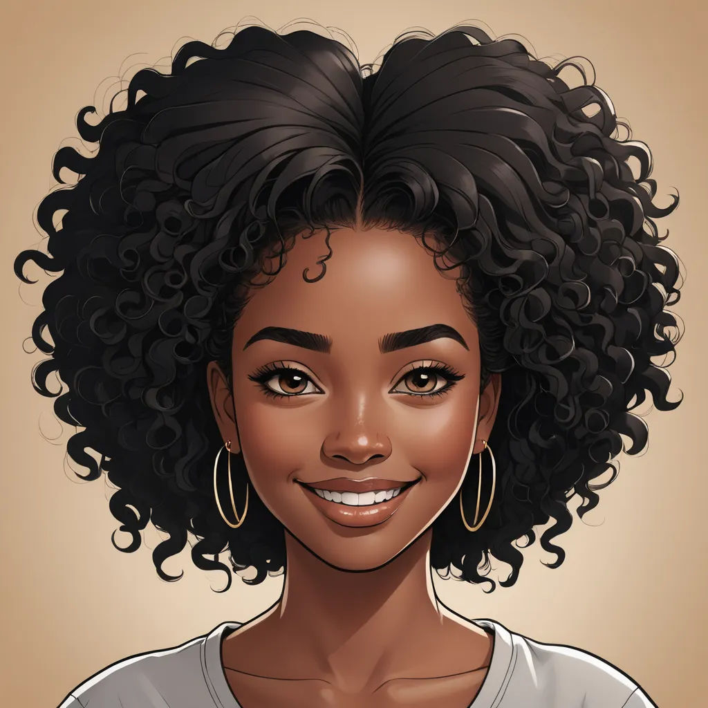 a woman with a large afro and a smile on her face, with a brown background and a brown background, photorealism, a character portrait, Constance Gordon-Cumming, realistic shaded perfect face