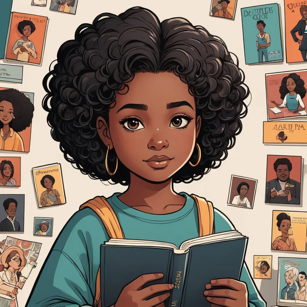 a cartoon of a girl reading a book with many pictures of people around her on the wall behind her, harlem renaissance, a character portrait, Chinwe Chukwuogo-Roy, graphic novel