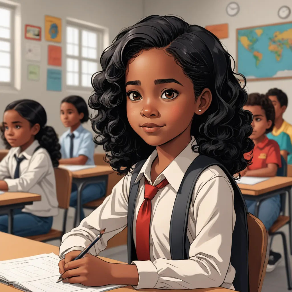 a cartoon of a girl sitting at a desk with a pen in her hand and a notebook in front of her, paris school, a comic book panel, Alexis Simon Belle, official art