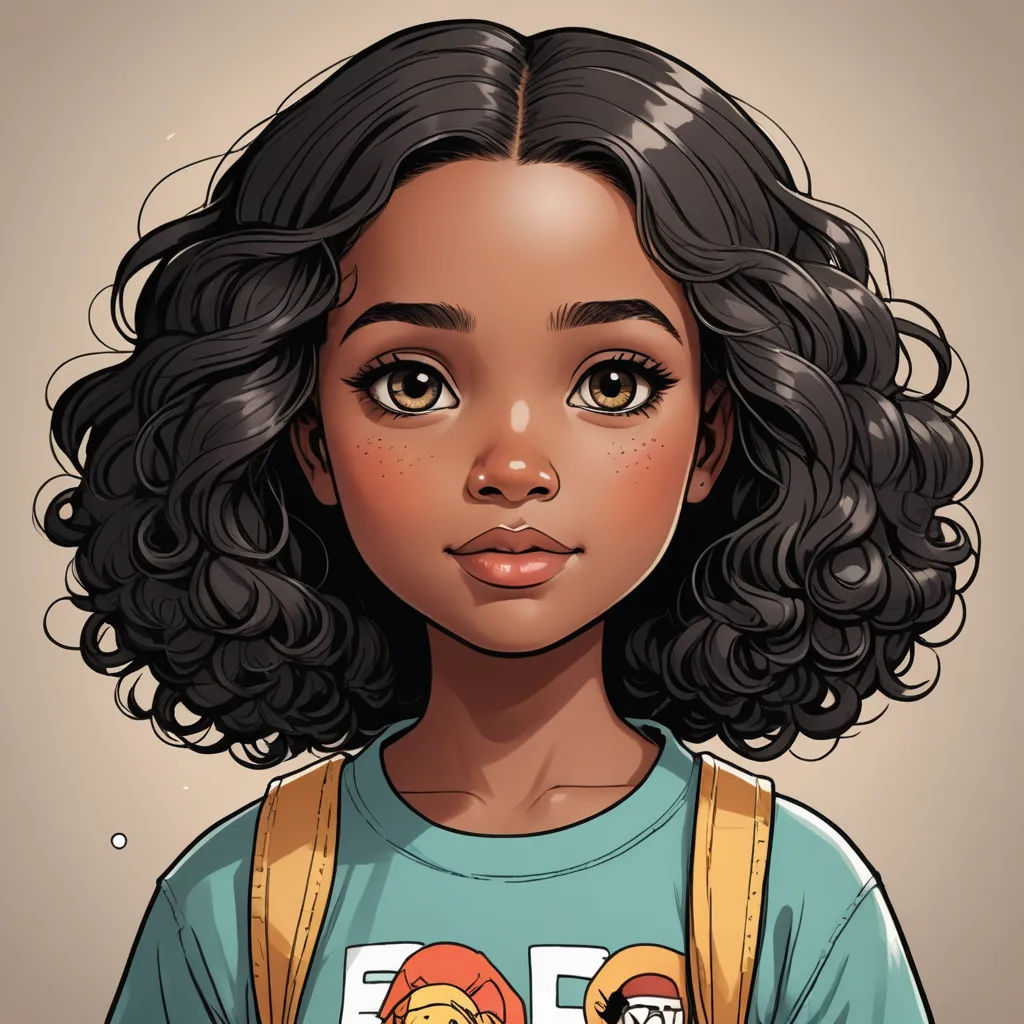 a cartoon girl with curly hair and a backpack on her shoulder, wearing a t - shirt with a lion on it, photorealism, a character portrait, Constance Gordon-Cumming, brown skin