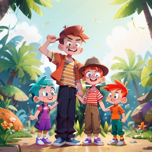 a group of kids standing in front of a forest with a man standing next to them and a woman standing behind them