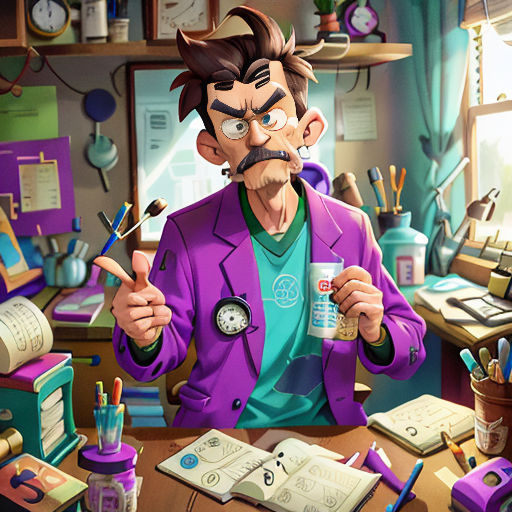 a man holding a cup in his hand and a clock in his other hand in a room with many items