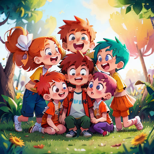 a group of kids sitting next to each other in a forest with a sky background and trees and leaves