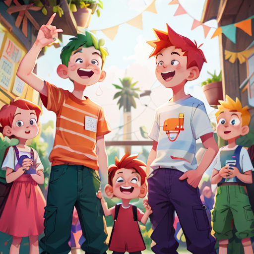 a group of children standing next to each other in front of a building with flags and buntings