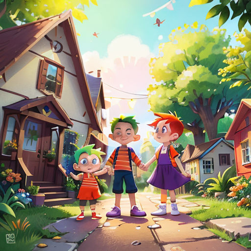 a cartoon of a boy and girl holding hands and walking down a street with a house in the background