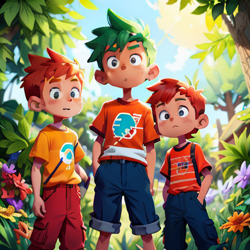 three young boys standing in a forest with flowers and trees in the background, with a cartoon of them