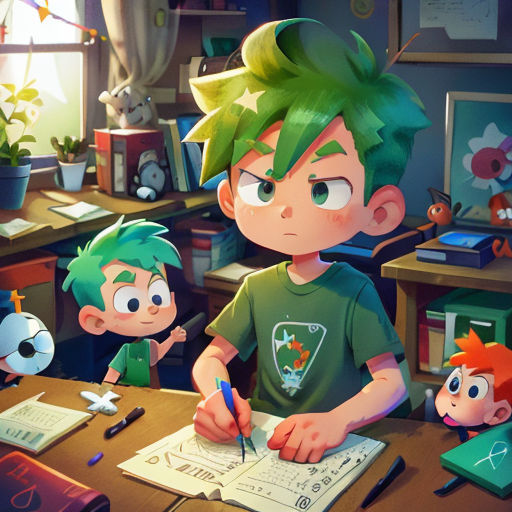 a boy is sitting at a desk with a pen and paper in front of him and another boy is standing behind him