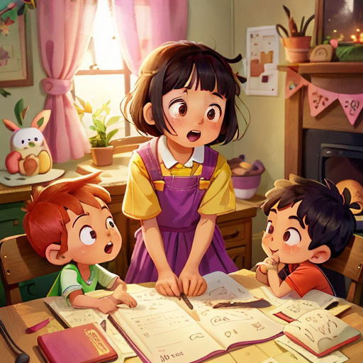 a group of children sitting at a table with books in front of them and a fireplace in the background