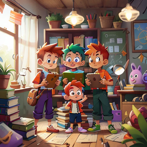 a group of children standing in a room with books and a lamp above them and a book shelf with books