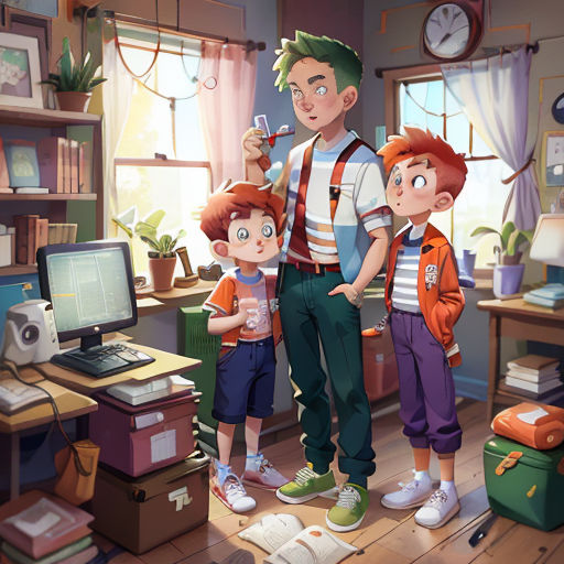 a man standing next to two boys in a room with a computer and a desk with a monitor on it