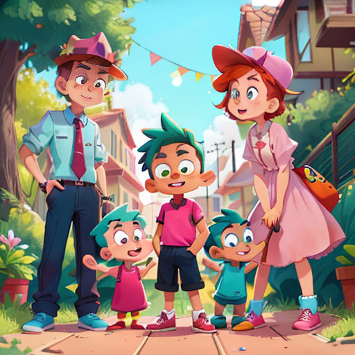 a family of five standing in front of a house with a sign that says, family time, and a man in a hat