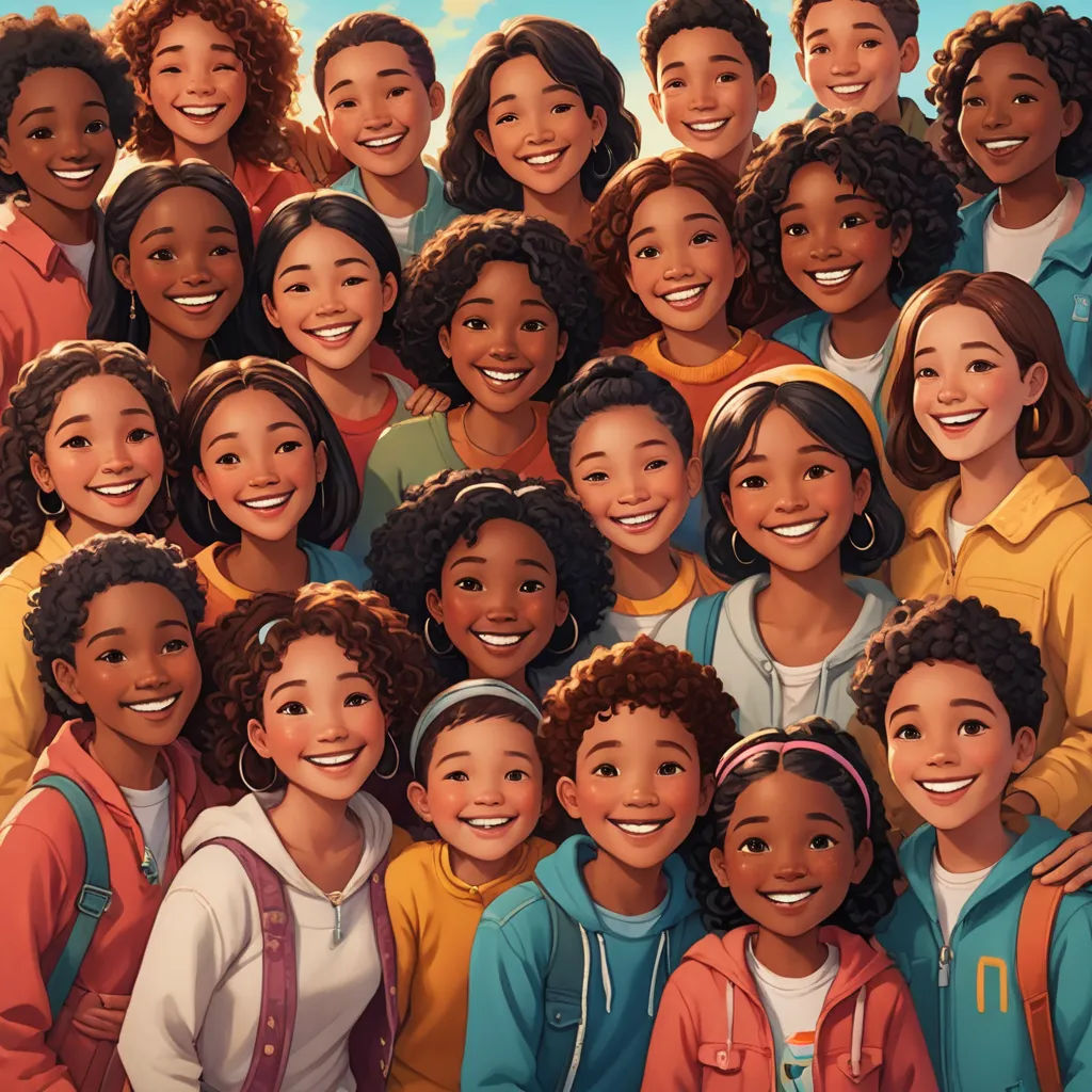 a group of people are smiling and posing for a picture together, with the same person in the middle, rayonism, concept art, disney, pixar and disney animation