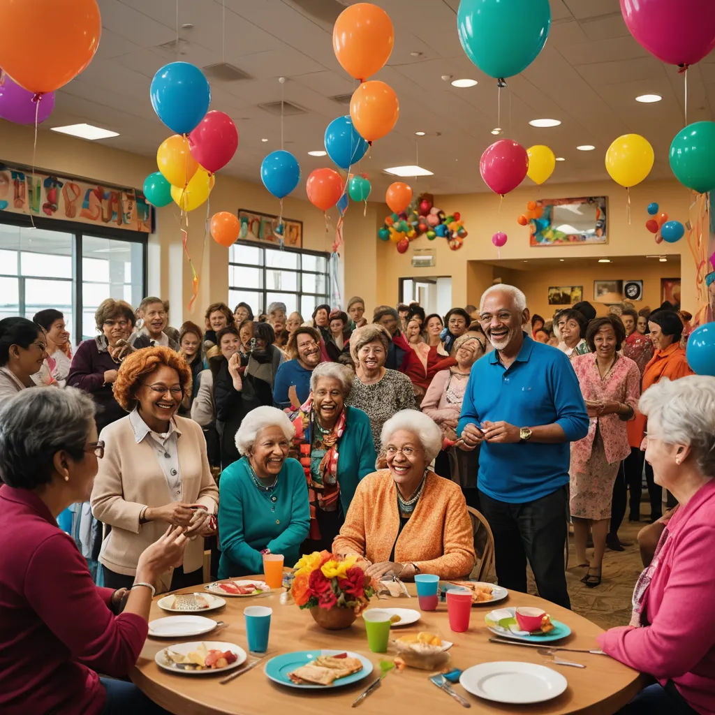 a group of people gathered around a table with plates of food and balloons in the air above them and a woman standing in front of the table, harlem renaissance, a stock photo, Afewerk Tekle, promotional image