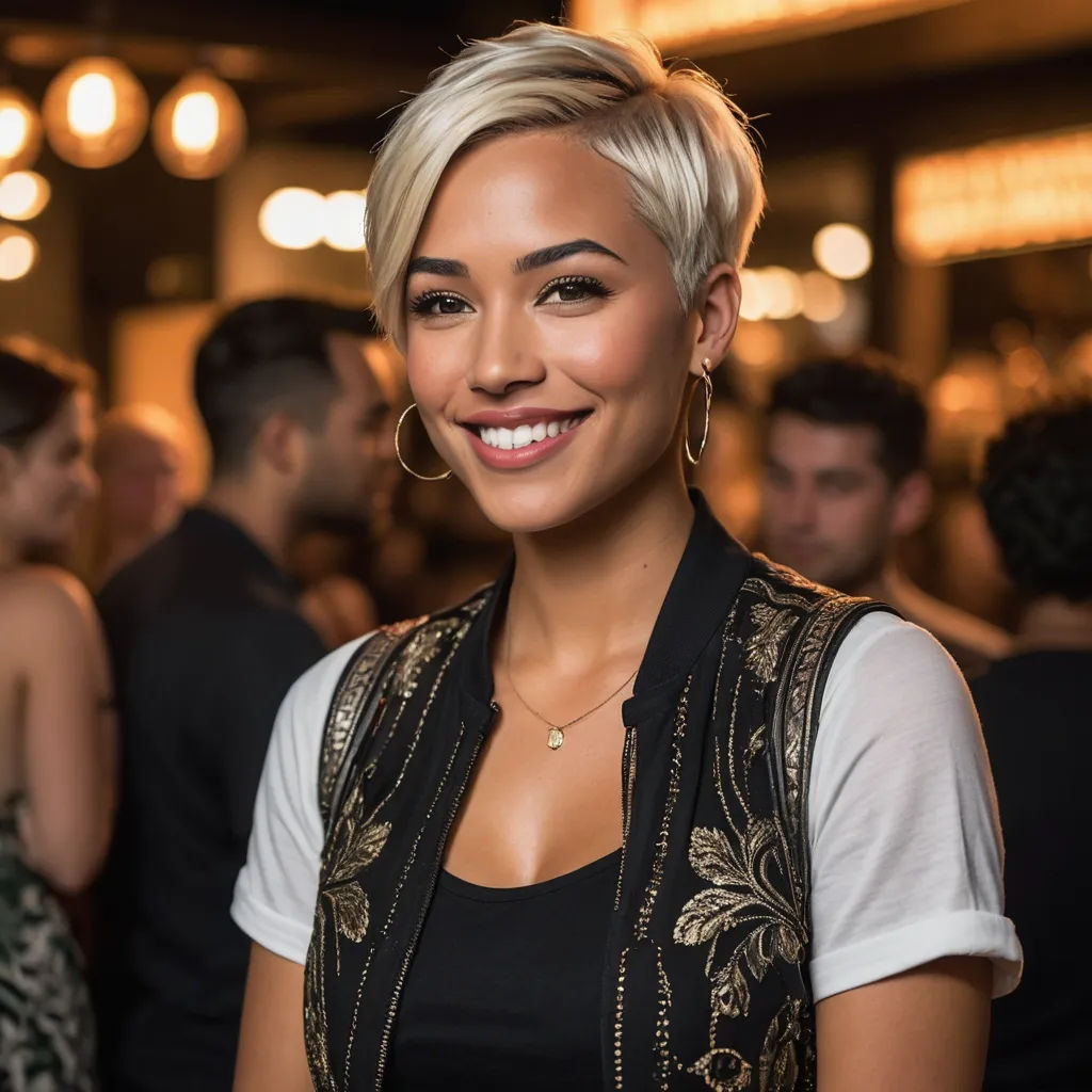 a woman with a smile on her face in a bar or club with other people in the background and a bar, private press, a character portrait, Constance Gordon-Cumming, promotional image