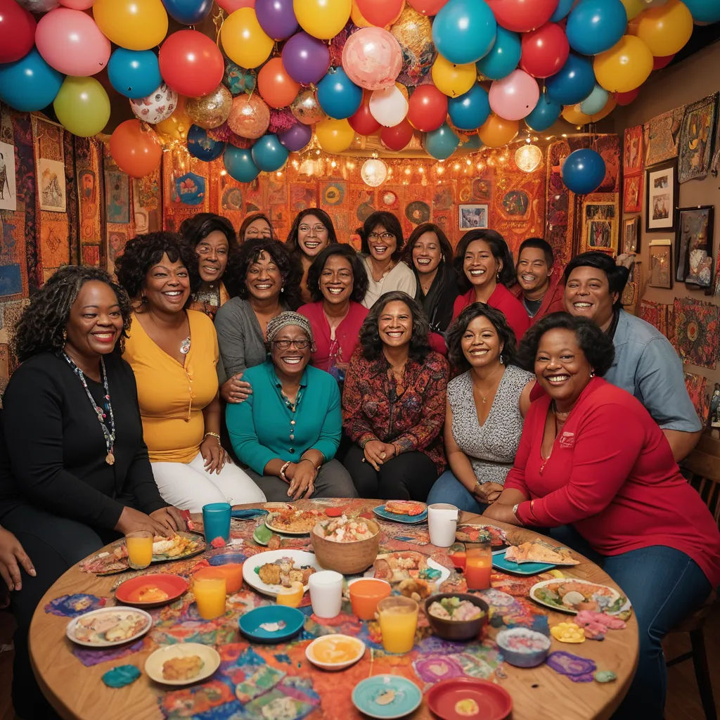a group of women sitting around a table with plates of food and balloons in the background of the room, black arts movement, a stock photo, Ella Guru, brown skin