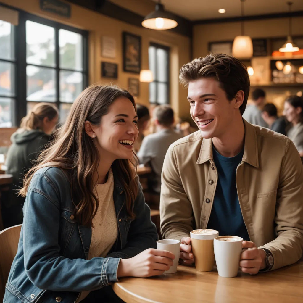 a man and a woman sitting at a table with cups of coffee in front of them smiling at each other, barbizon school, a stock photo, Claire Dalby, portrait photography