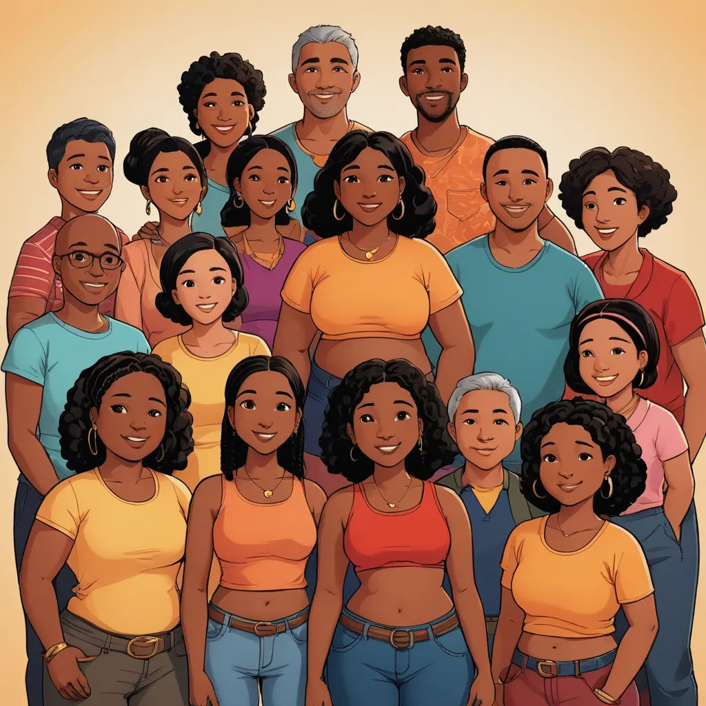a group of people standing next to each other in front of a yellow background with a black man in the center, sots art, an album cover, Chinwe Chukwuogo-Roy, comic cover art