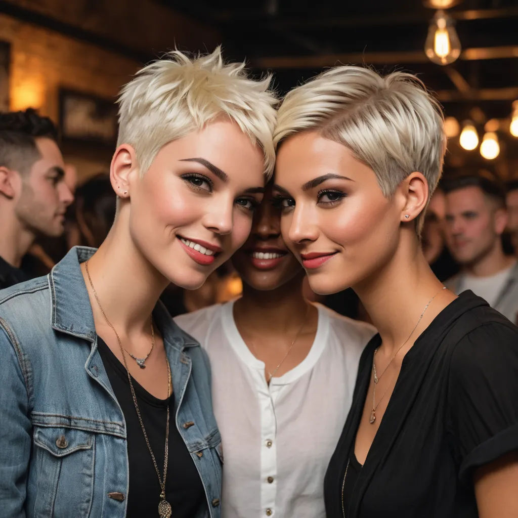 two women standing next to each other at a party with a crowd of people behind them and one woman with short hair, american barbizon school, a photocopy, Felix-Kelly, short hair