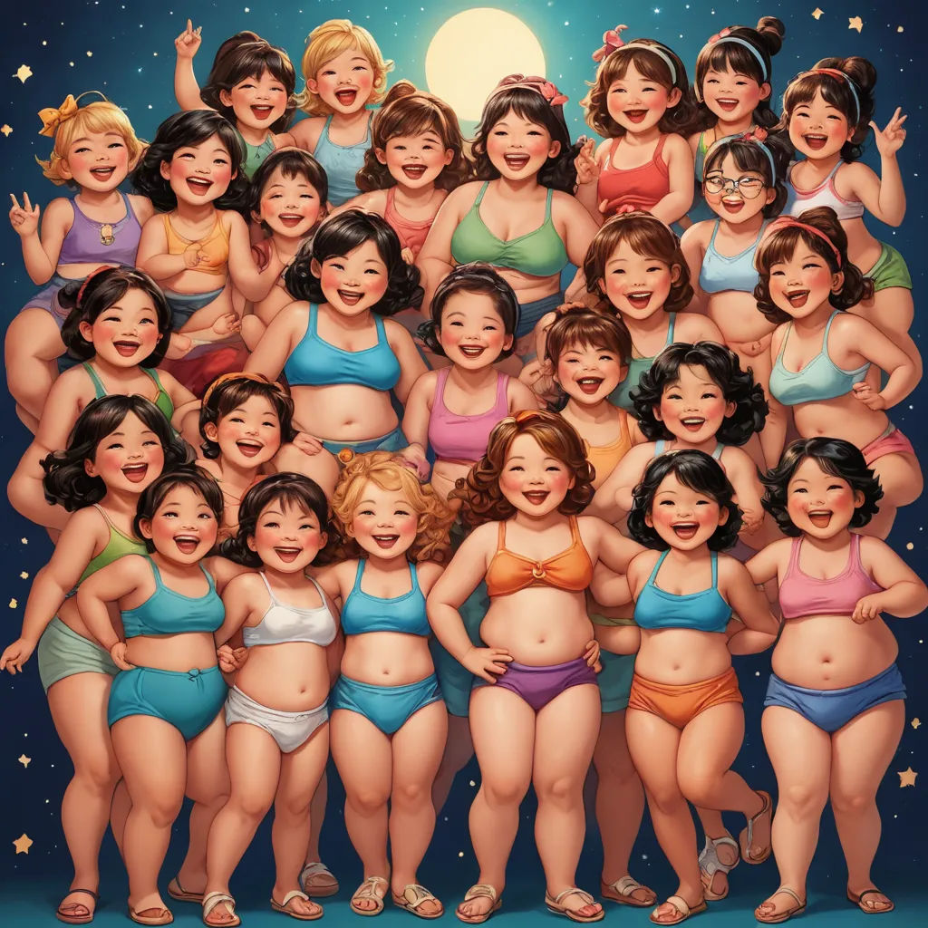 a group of women in bathing suits posing for a picture together with a full moon in the background and stars in the sky, figurativism, a detailed painting, Fan Qi, detailed illustration