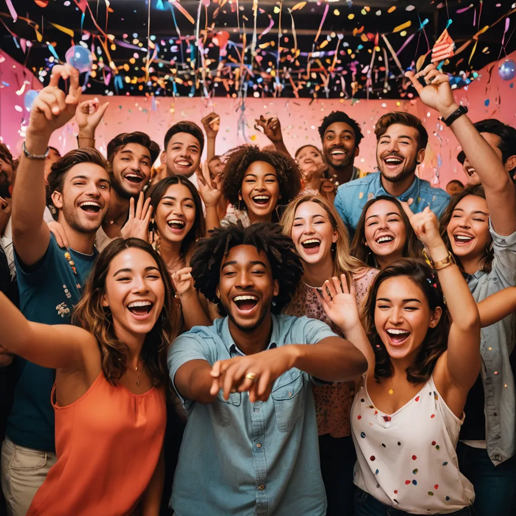 a group of people standing together and smiling at the camera with confetti falling from the ceiling and confetti falling from the ceiling, incoherents, a stock photo, Art & Language, cheerful