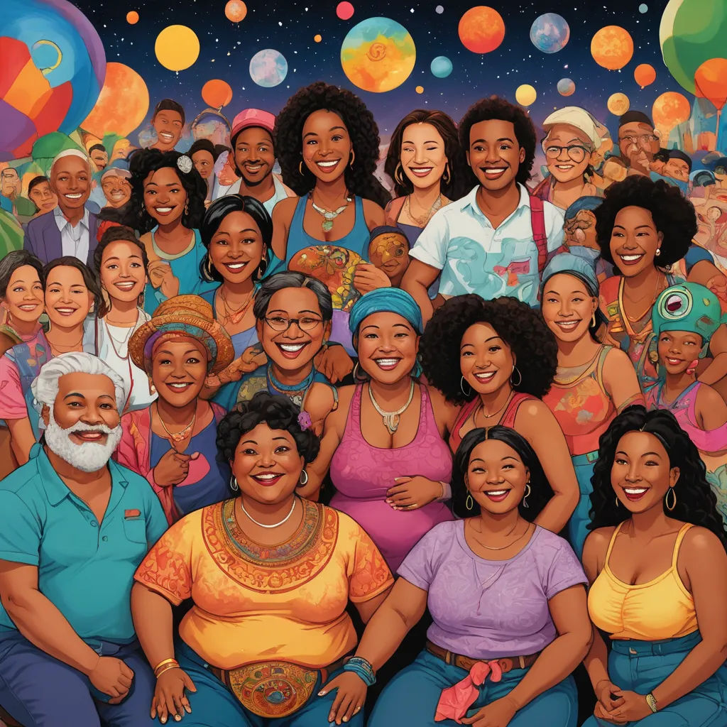a painting of a group of people with balloons in the background and a man in the middle of the group, afrofuturism, a storybook illustration, Ella Guru, official art