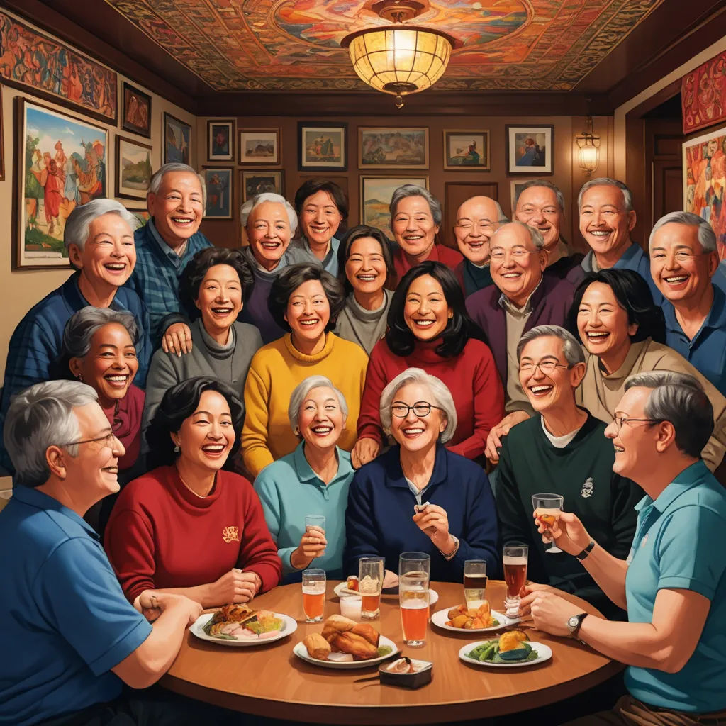 a group of people sitting around a table with plates of food and drinks in front of them, all smiling, american scene painting, a stock photo, F Scott Hess, ultra realistic illustration