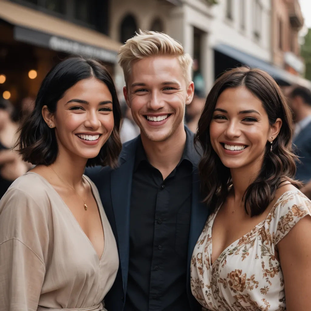 a man and two women standing next to each other smiling at the camera with a crowd in the background, private press, a stock photo, Christopher Wood, perfect faces
