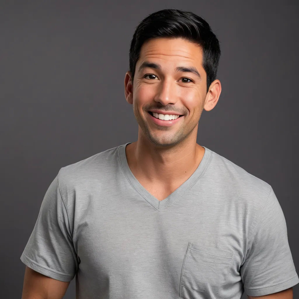 a man smiling and wearing a gray shirt and a gray v - neck shirt with a pocket on the chest, mingei, a character portrait, Anthony Angarola, mitchell mohrhauser