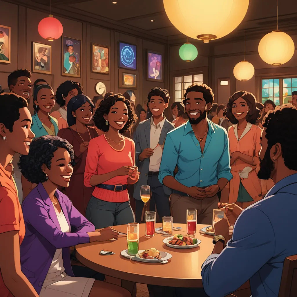 a group of people standing around a table with food and drinks on it, and a man standing in front of a table with food and drinks, harlem renaissance, concept art, disney, official art