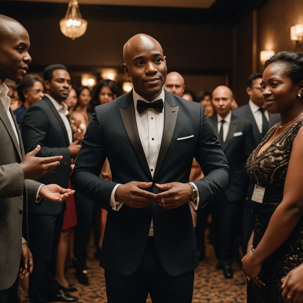 a man in a tuxedo standing in front of a group of people in formal wear and tuxedos, harlem renaissance, a stock photo, Enguerrand Quarton, cinematic photography