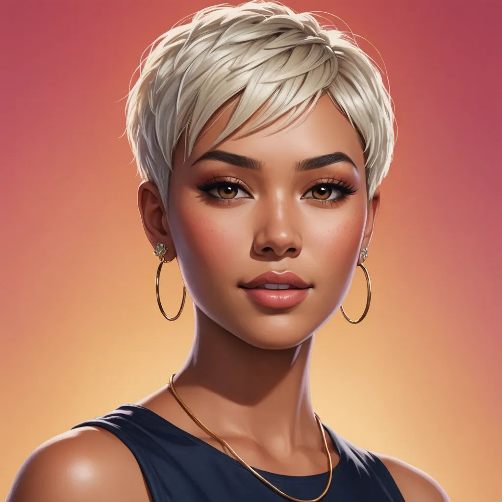 a woman with a short blonde haircut and earrings on her head, wearing a black top and gold hoop earrings, photorealism, a character portrait, Artgerm, highly detailed digital painting