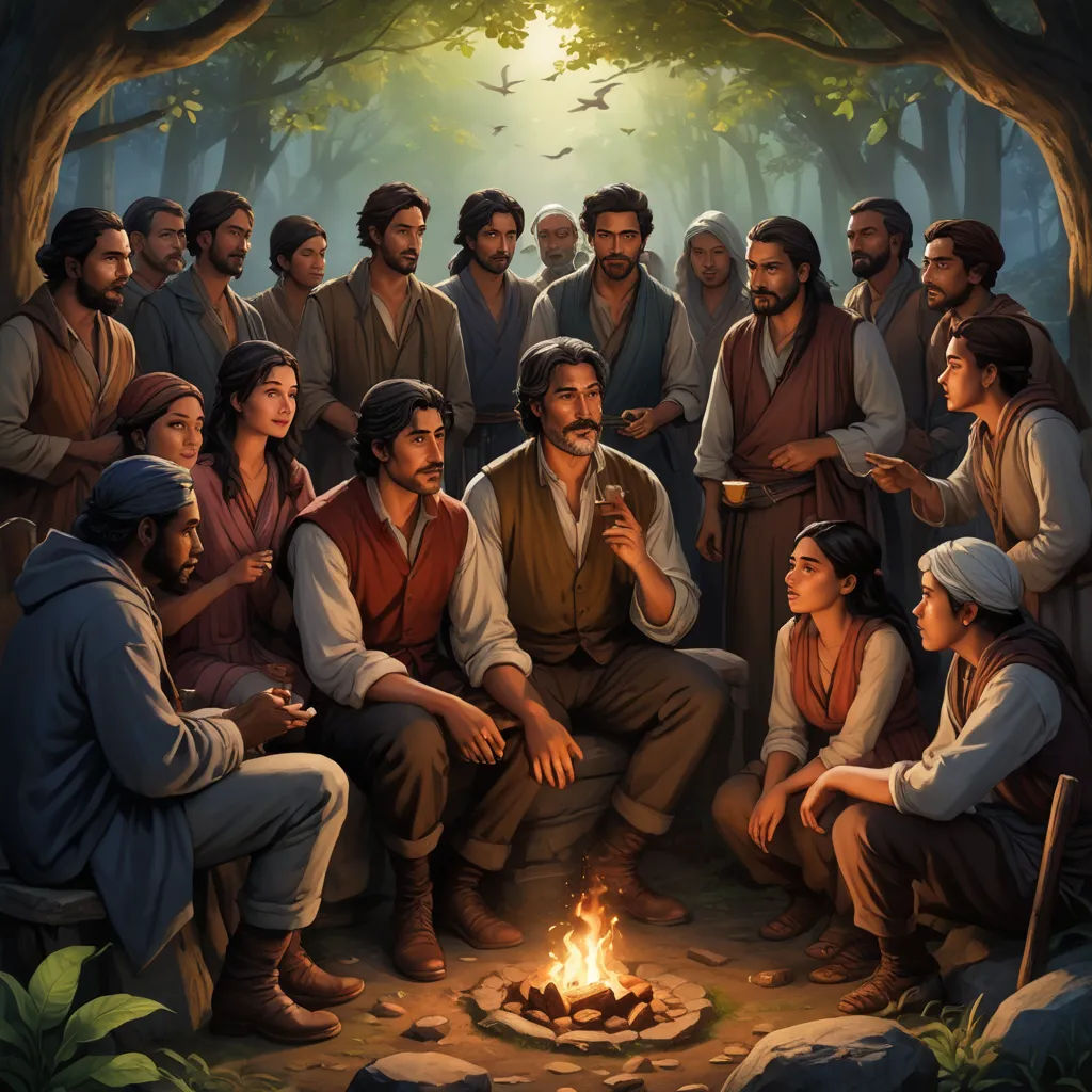 a painting of jesus sitting in front of a group of people around a campfire with a lit candle, primitivism, a storybook illustration, Alejandro Burdisio, official art