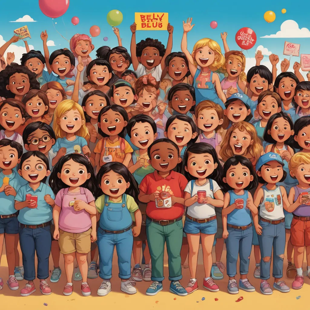a group of people standing next to each other with balloons and a sign in the background that says hey hello, serial art, a storybook illustration, Chris LaBrooy, storybook illustration