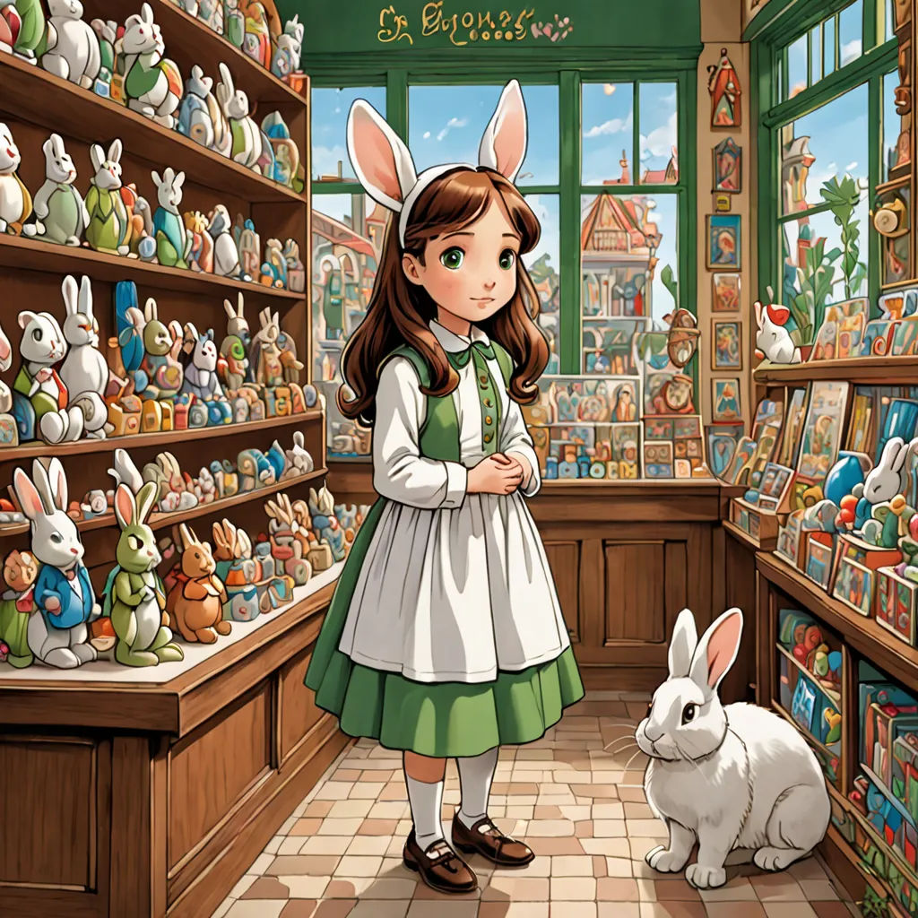 a girl in a green dress standing next to a white rabbit in a store filled with stuffed animals and toys, magical realism, a storybook illustration, Beatrix Potter, official art