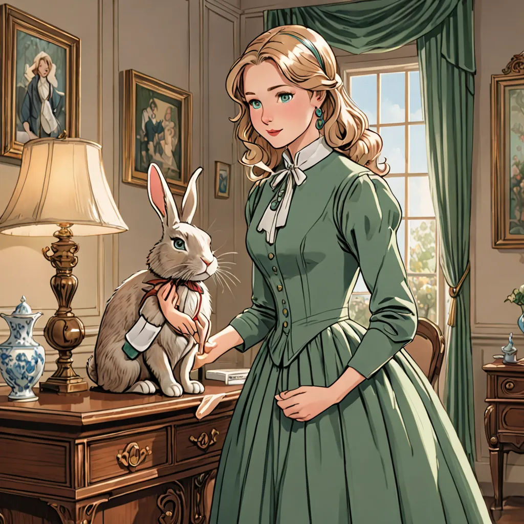 a woman in a green dress holding a rabbit in a room with paintings on the walls and a lamp on the table, remodernism, a character portrait, Constance Gordon-Cumming, official art