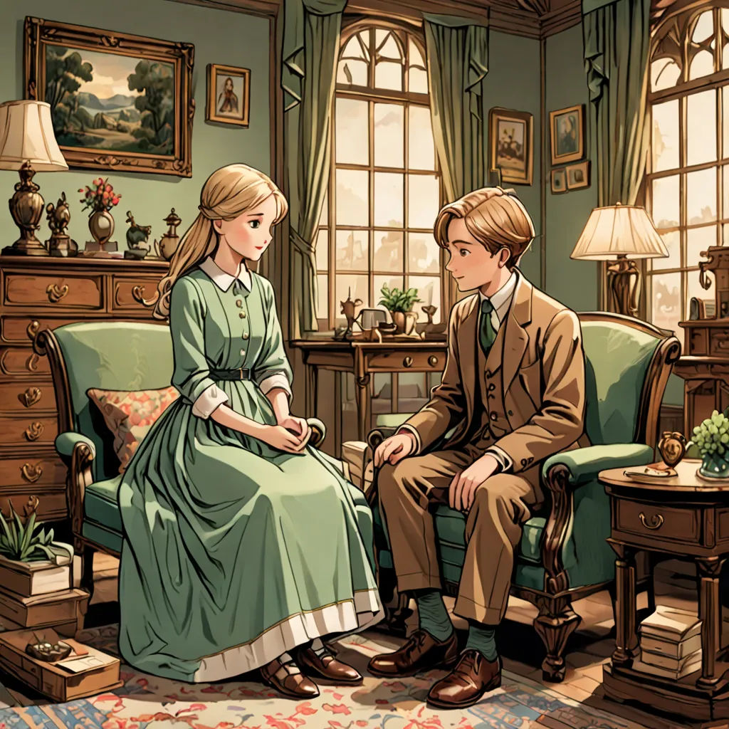 a man and a woman sitting in a room next to each other on a couch and a table with a lamp, remodernism, a storybook illustration, Elizabeth Forbes, official art