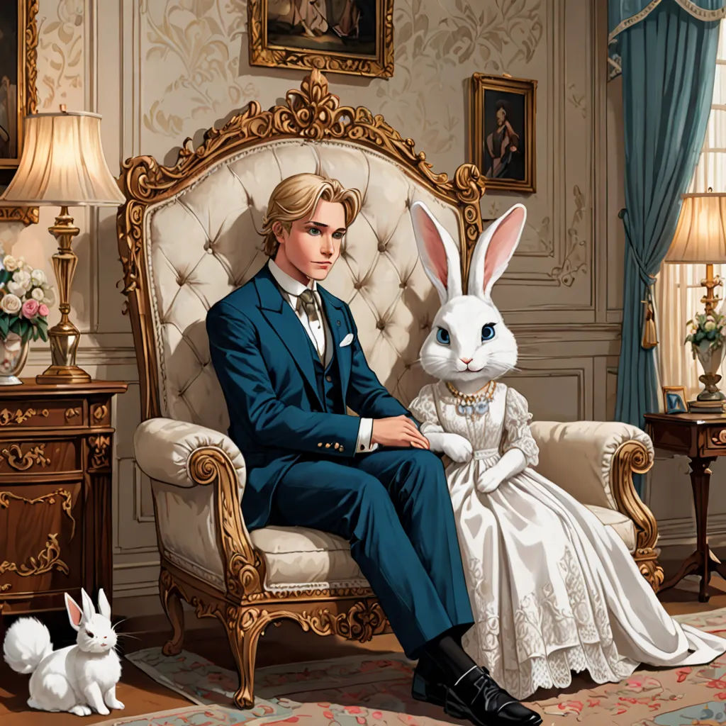 a man and a woman sitting on a chair with a rabbit in front of them and a dog in the background, furry art, a storybook illustration, Barron Storey, official art
