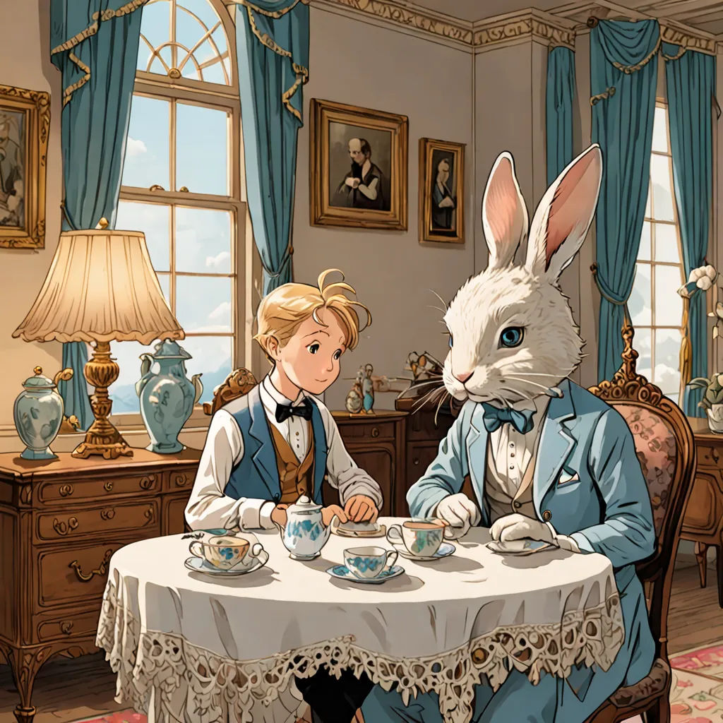 a rabbit and a girl sitting at a table with tea cups in front of them, in a room with blue curtains and a painting of a woman and a white rabbit, fantasy art, a storybook illustration, Edgar Ainsworth, official art