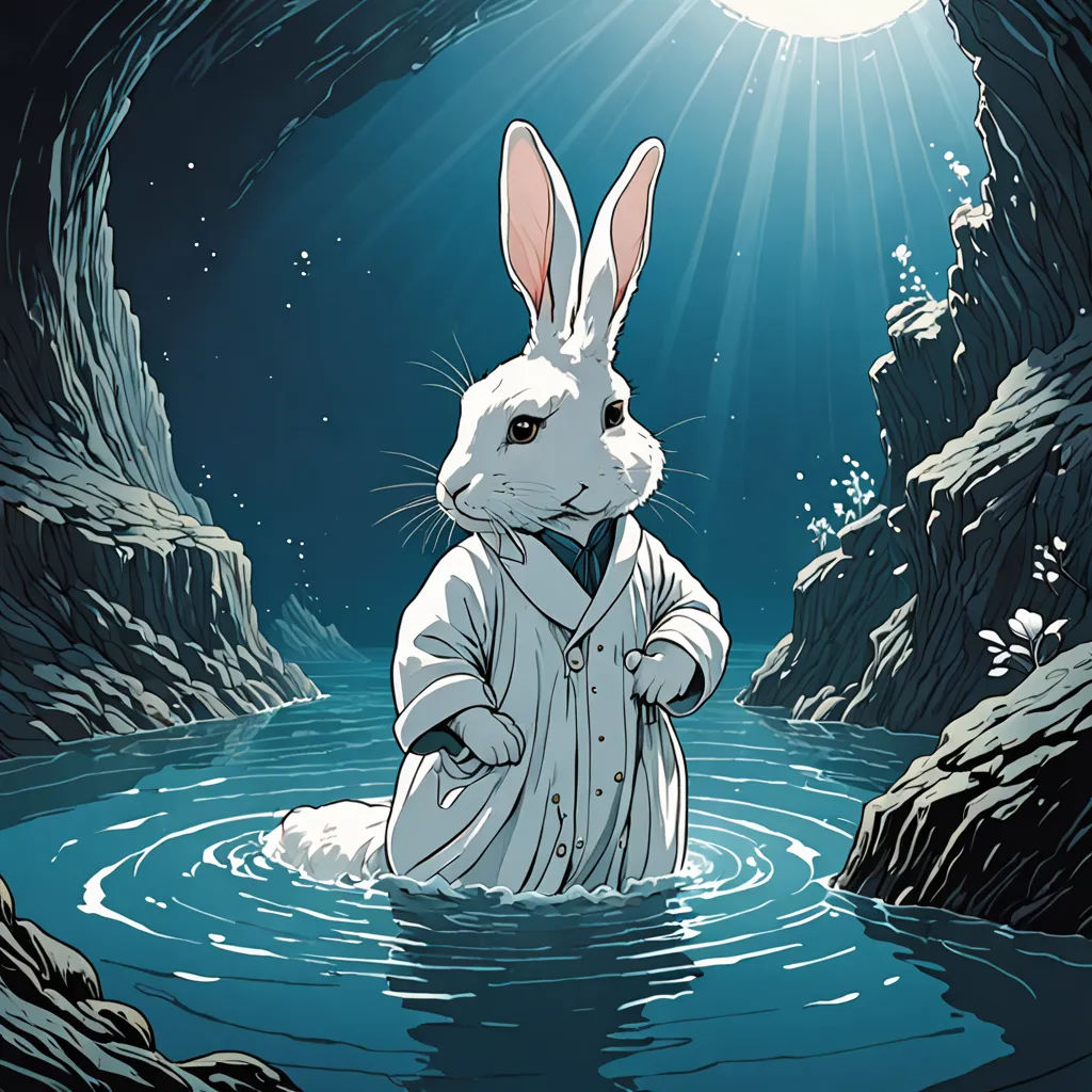 a rabbit in a trench coat standing in a river under a full moon with a light shining on him, magic realism, a storybook illustration, Beatrix Potter, walton ford
