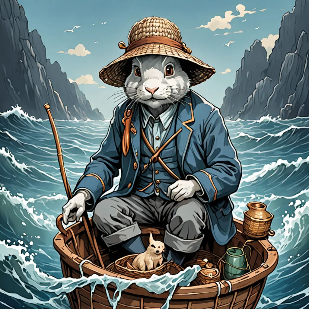 a cartoon character sitting on top of a boat in the ocean with a cat in it's lap, fantasy art, a storybook illustration, Beatrix Potter, highly detailed digital painting