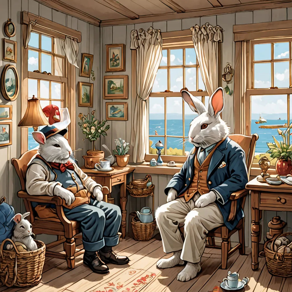 a painting of two rabbits in a room with a man and a woman sitting in chairs and a cat on the floor, fantastic realism, a storybook illustration, Beatrix Potter, highly detailed digital painting