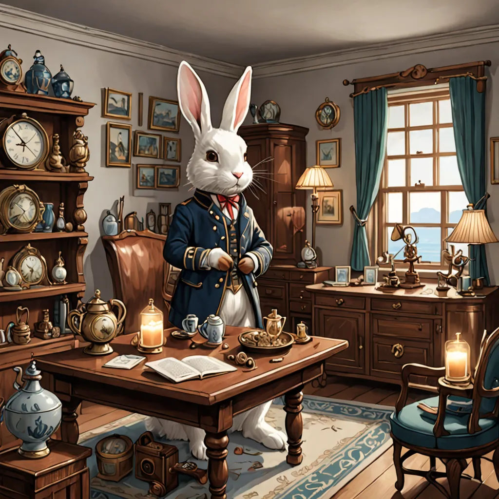 a rabbit dressed in a blue suit standing in a room with a desk and a clock on the wall, fantasy art, a storybook illustration, Chris LaBrooy, highly detailed digital painting