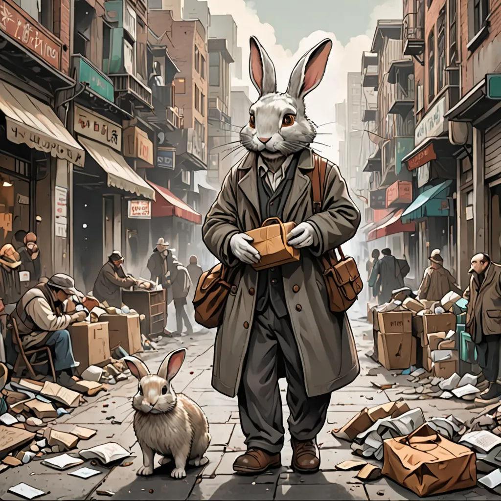a man in a trench coat and bunny ears is walking down a street with a box in his hand, furry art, a storybook illustration, Art Spiegelman, comic cover art