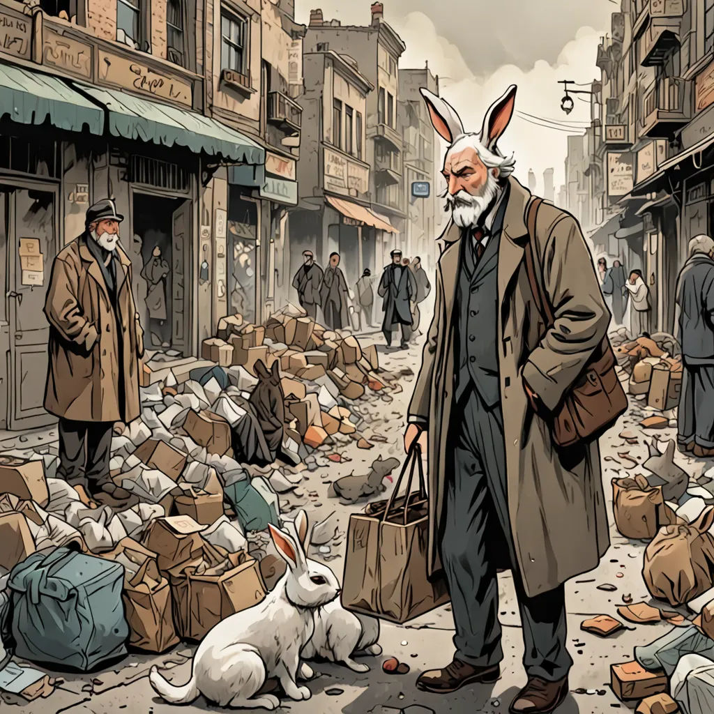 a man with a rabbit mask on standing in a street with a bunch of boxes and bags on the ground, furry art, a storybook illustration, Asaf Hanuka, michael kaluta